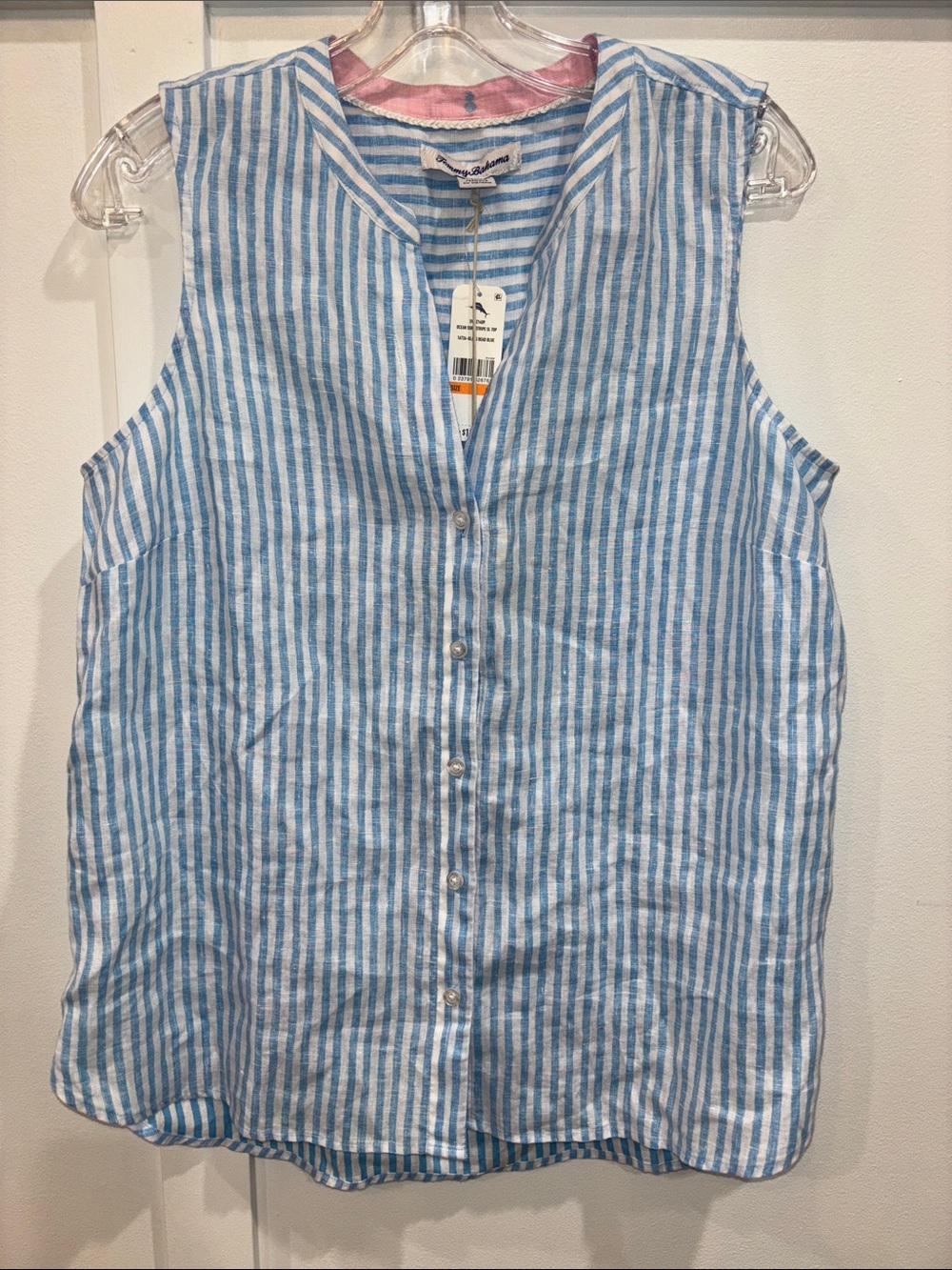 Tommy Bahama Blue and White Striped Sleeveless Linen Blouse
